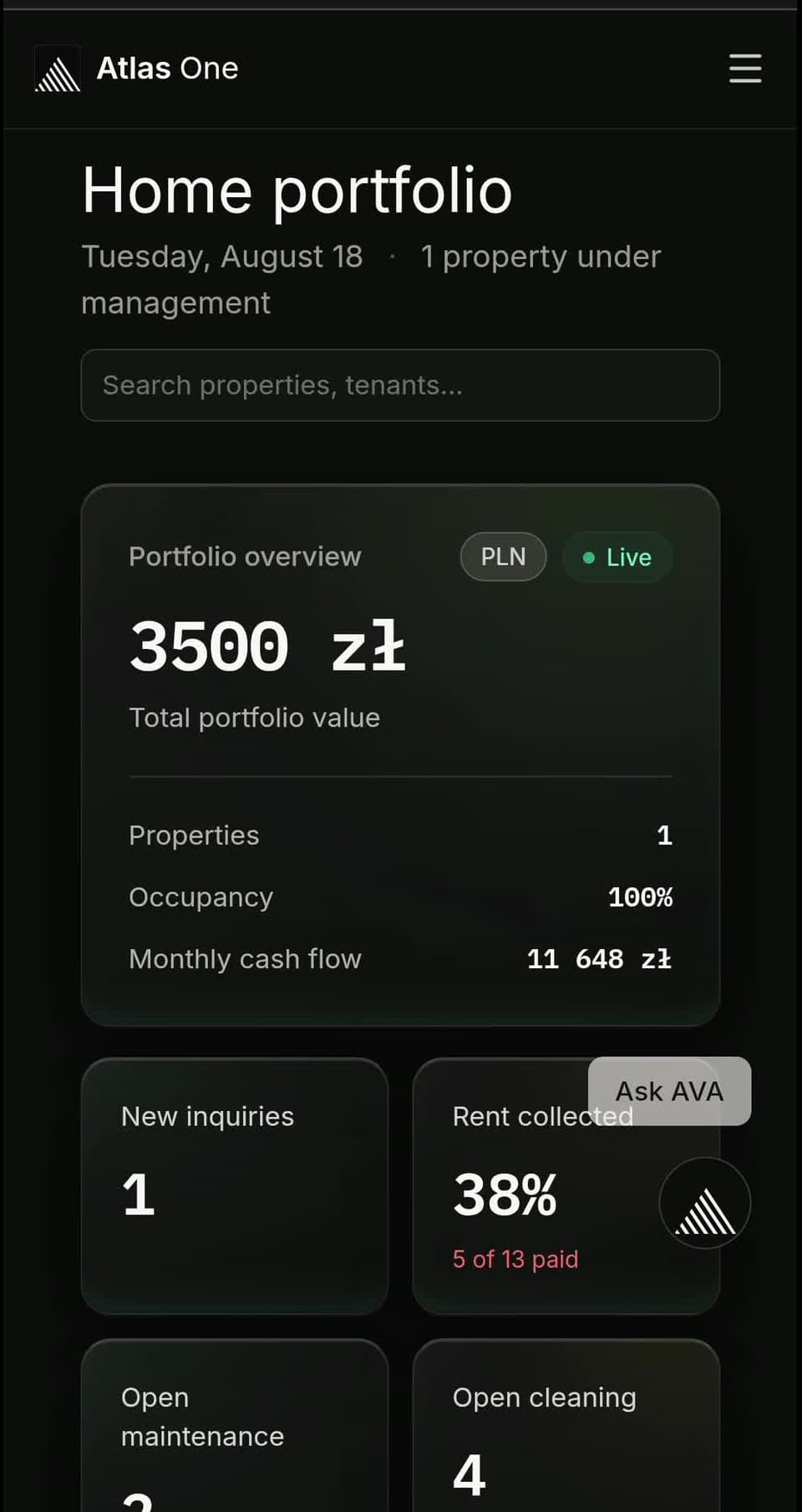 Atlas One dashboard, full screen